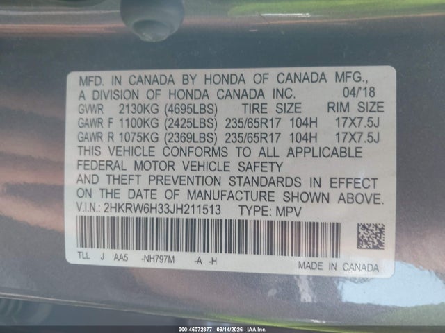 2018 Honda Cr-v Lx მანქანა იყიდება აუქციონზე, vin: 2HKRW6H33JH211513, აუქციონის ნომერი: 46072377