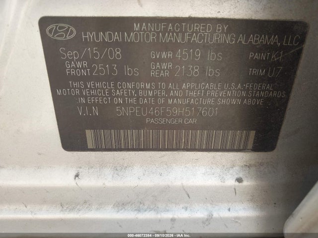 Продажа на аукционе авто 2009 Hyundai Sonata Limited V6, vin: 5NPEU46F59H517601, номер лота: 46072384