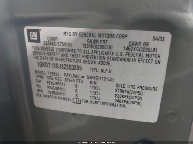 2003 Gmc Envoy Sle მანქანა იყიდება აუქციონზე, vin: 1GKDT13S932363339, აუქციონის ნომერი: 46072386