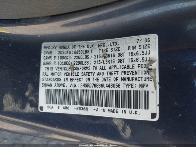 Продаж на аукціоні авто 2006 Honda Cr-v Ex, vin: SHSRD78866U446056, номер лоту: 46072389