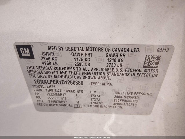 2013 Chevrolet Equinox 2lt მანქანა იყიდება აუქციონზე, vin: 2GNALPEK1D1250380, აუქციონის ნომერი: 46072400