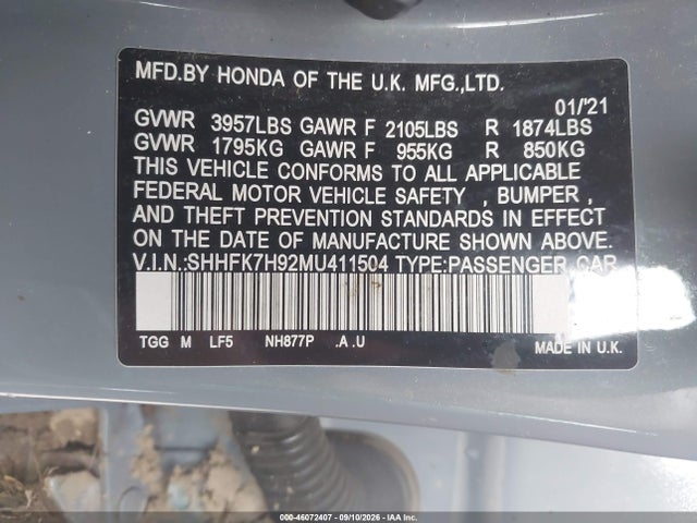 Aukcja sprzedaży 2021 Honda Civic Sport Touring, vin: SHHFK7H92MU411504, numer aukcji: 46072407