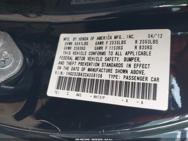 Aukcja sprzedaży 2012 Honda Accord 3.5 Ex-l, vin: 1HGCS2B82CA008106, numer aukcji: 46072408