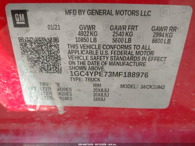 46072436 :رقم المزاد ، 1GC4YPE73MF188976 vin ، 2021 Chevrolet Silverado 2500hd 4wd  Long Bed Ltz مزاد بيع