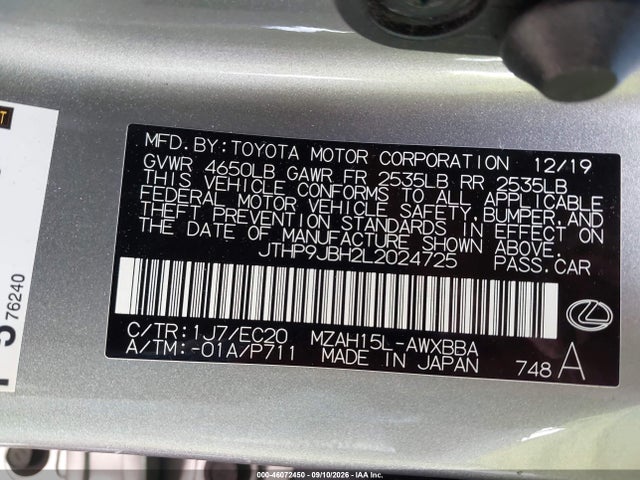 46072450 :رقم المزاد ، JTHP9JBH2L2024725 vin ، 2020 Lexus Ux 250h مزاد بيع