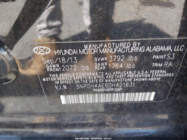 46072460 :رقم المزاد ، 5NPDH4AE6DH421631 vin ، 2013 Hyundai Elantra Gls مزاد بيع