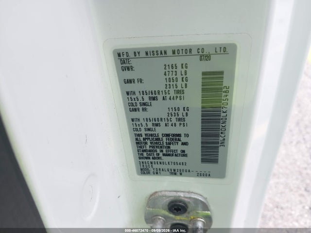 2020 Nissan Nv200  Cargo Sv Xtronic Cvt მანქანა იყიდება აუქციონზე, vin: 3N6CM0KN0LK705482, აუქციონის ნომერი: 46072470