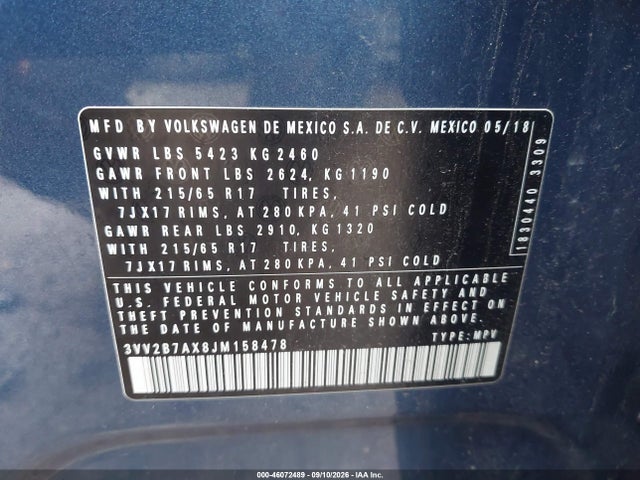 Aukcja sprzedaży 2018 Volkswagen Tiguan 2.0t Se/2.0t Sel, vin: 3VV2B7AX8JM158478, numer aukcji: 46072489