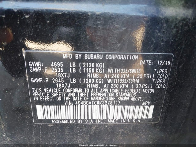 2019 Subaru Outback 2.5i Touring მანქანა იყიდება აუქციონზე, vin: 4S4BSATC0K3278117, აუქციონის ნომერი: 46072496