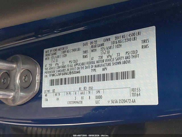 Продажа на аукционе авто 2022 Ford Escape S, vin: 1FMCU9F68NUB50046, номер лота: 46072505