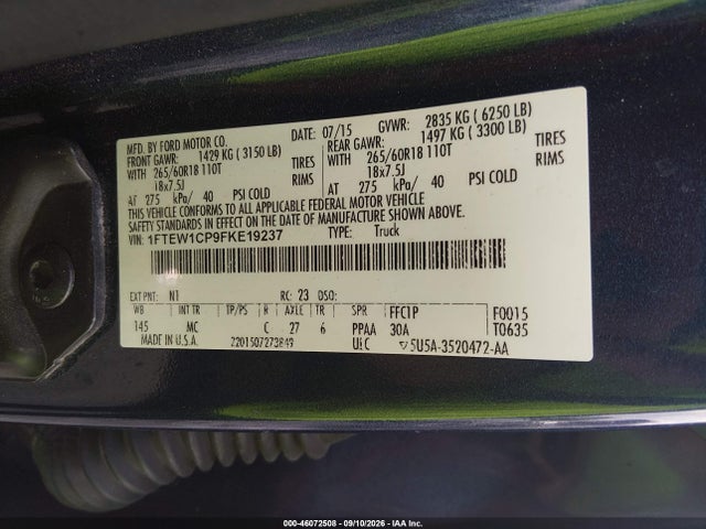 2015 Ford F-150 Xlt მანქანა იყიდება აუქციონზე, vin: 1FTEW1CP9FKE19237, აუქციონის ნომერი: 46072508