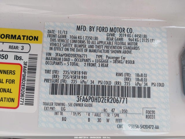 Продажа на аукционе авто 2014 Ford Fusion Se, vin: 3FA6P0HD2ER206771, номер лота: 46072514