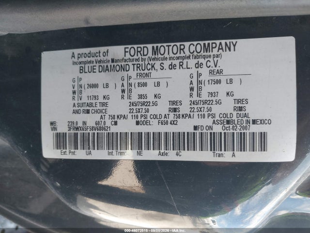 2008 Ford Super Duty F-650 Straight Frame Xl/xlt მანქანა იყიდება აუქციონზე, vin: 3FRWX65F58V680621, აუქციონის ნომერი: 46072515