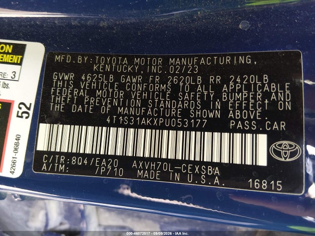 46072517 :رقم المزاد ، 4T1S31AKXPU053177 vin ، 2023 Toyota Camry Se Hybrid مزاد بيع