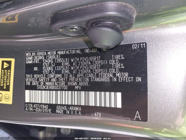 2011 Toyota Highlander Base V6 მანქანა იყიდება აუქციონზე, vin: 5TDZK3EH0BS037700, აუქციონის ნომერი: 46072527