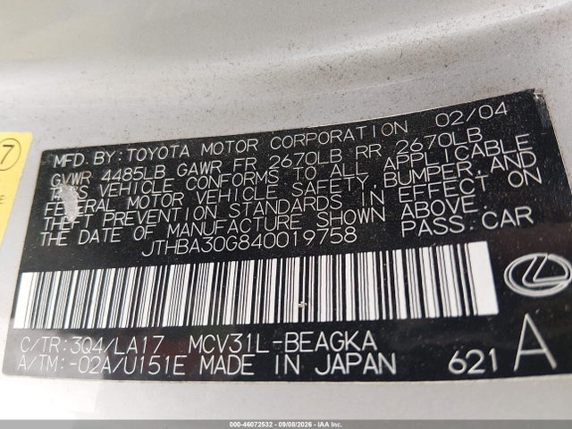46072532 :رقم المزاد ، JTHBA30G840019758 vin ، 2004 Lexus Es 330 مزاد بيع