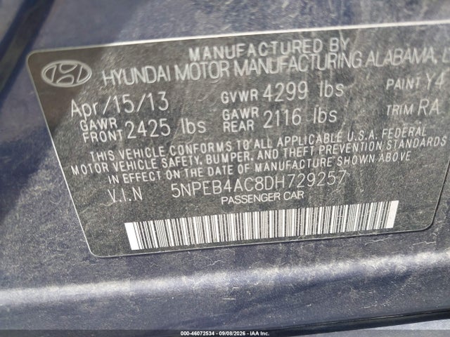 Aukcja sprzedaży 2013 Hyundai Sonata Gls, vin: 5NPEB4AC8DH729257, numer aukcji: 46072534