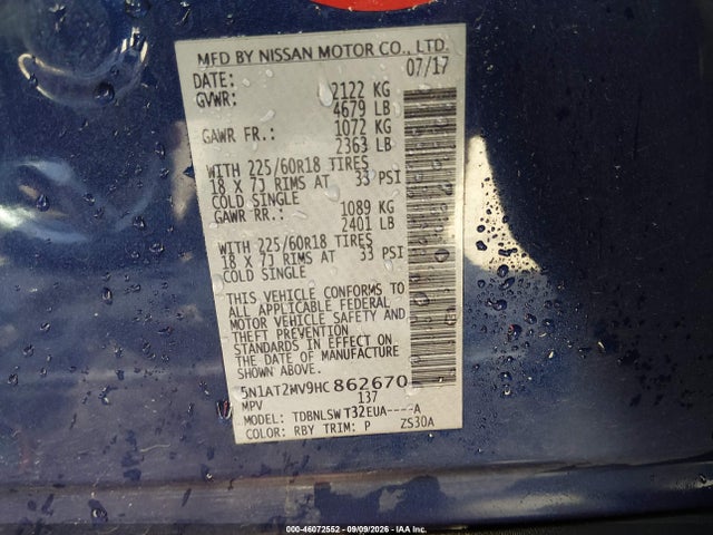 46072552 :رقم المزاد ، 5N1AT2MV9HC862670 vin ، 2017 Nissan Rogue Sl مزاد بيع