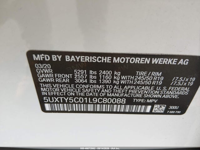 Aukcja sprzedaży 2020 Bmw X3 Xdrive30i, vin: 5UXTY5C01L9C80088, numer aukcji: 46072562
