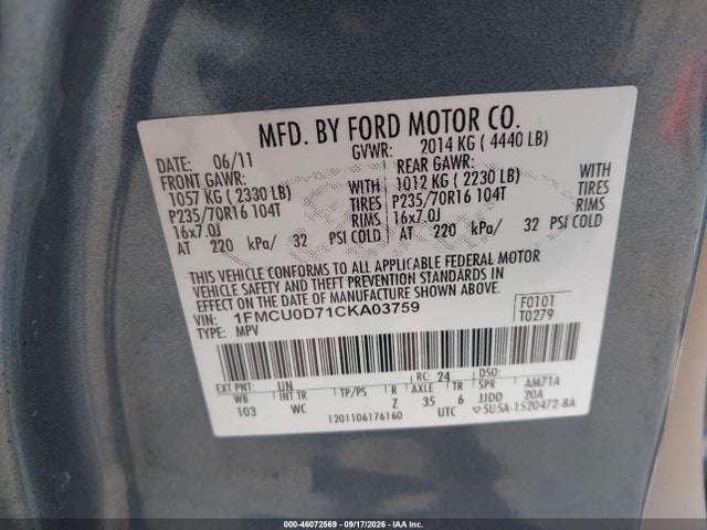 46072569 :رقم المزاد ، 1FMCU0D71CKA03759 vin ، 2012 Ford Escape Xlt مزاد بيع