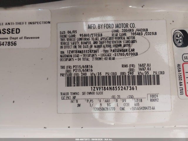 Продаж на аукціоні авто 2005 Ford Mustang, vin: 1ZVFT84N855247361, номер лоту: 46072572