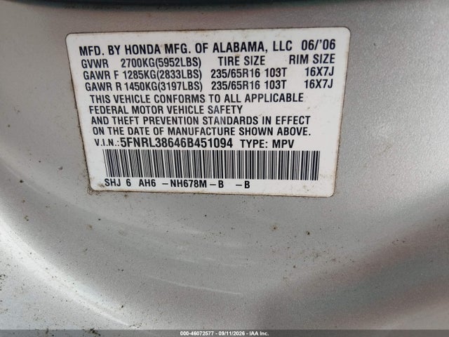 Aukcja sprzedaży 2006 Honda Odyssey Ex-l, vin: 5FNRL38646B451094, numer aukcji: 46072577