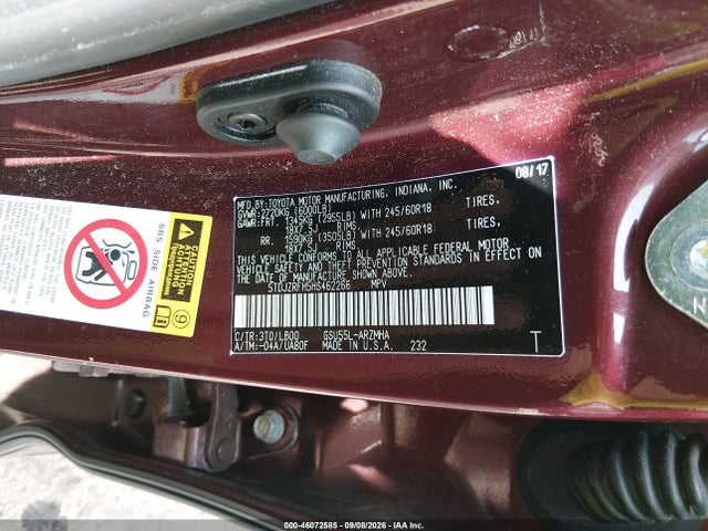 Aukcja sprzedaży 2017 Toyota Highlander Xle, vin: 5TDJZRFH5HS462266, numer aukcji: 46072585