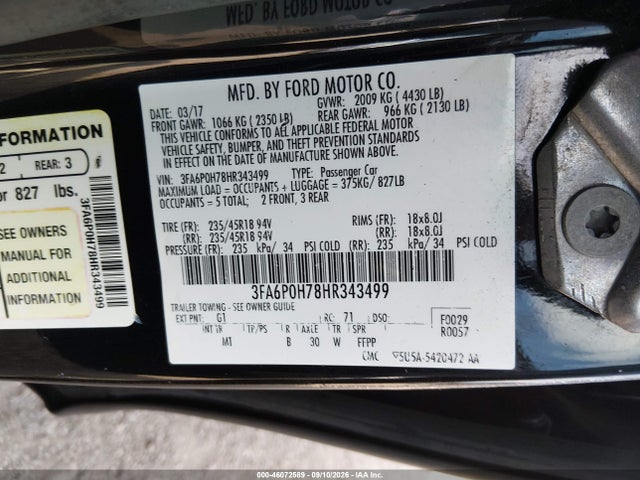 Ford FUSION SE 2017 3FA6P0H78HR343499 Image 9