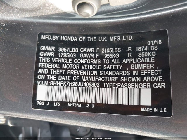 Продажа на аукционе авто 2018 Honda Civic Sport Touring, vin: SHHFK7H98JU409803, номер лота: 46072593
