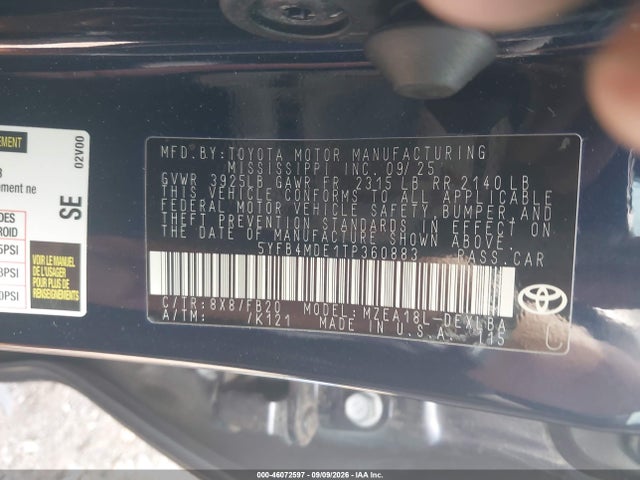 2026 Toyota Corolla Le მანქანა იყიდება აუქციონზე, vin: 5YFB4MDE1TP360883, აუქციონის ნომერი: 46072597