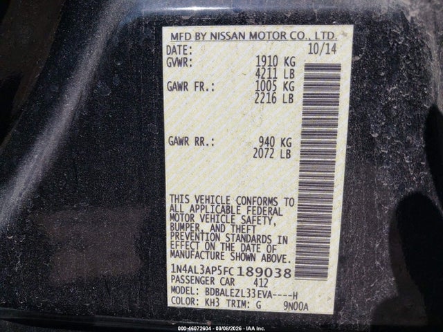 46072604 :رقم المزاد ، 1N4AL3AP5FC189038 vin ، 2015 Nissan Altima 2.5 S مزاد بيع