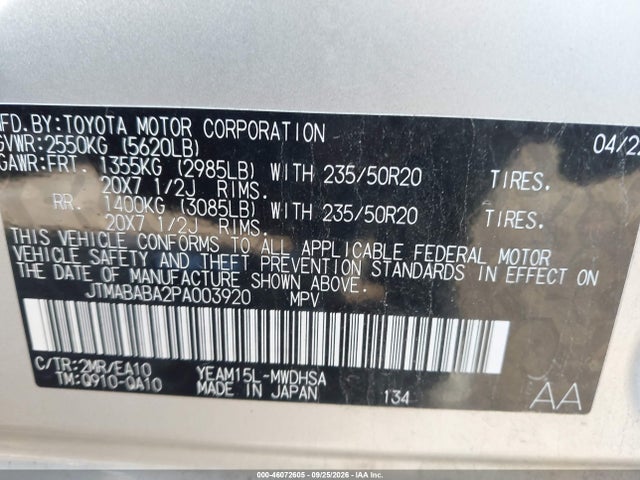 Aukcja sprzedaży 2023 Toyota Bz4x Limited, vin: JTMABABA2PA003920, numer aukcji: 46072605