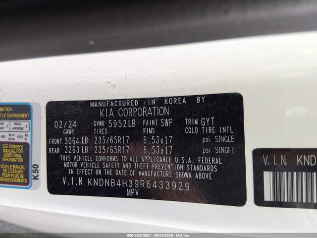2024 Kia Carnival Mpv Lx Seat Package მანქანა იყიდება აუქციონზე, vin: KNDNB4H39R6433929, აუქციონის ნომერი: 46072621