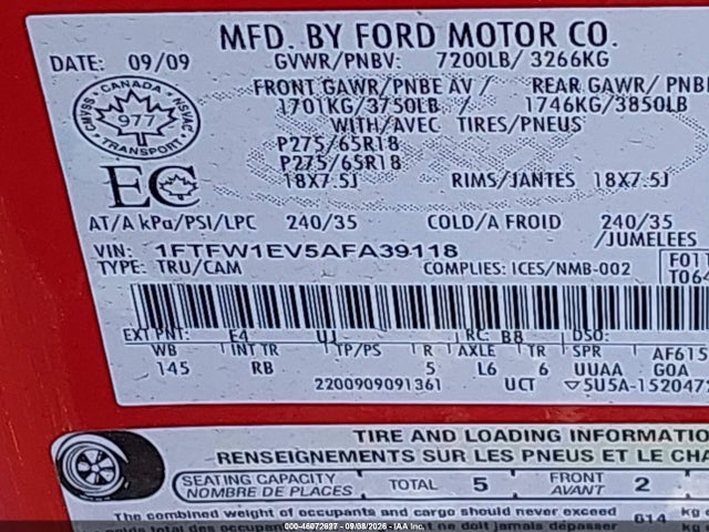 Продажа на аукционе авто 2010 Ford F-150 Fx4/harley-davidson/king Ranch/lariat/platinum/xl/xlt, vin: 1FTFW1EV5AFA39118, номер лота: 46072627