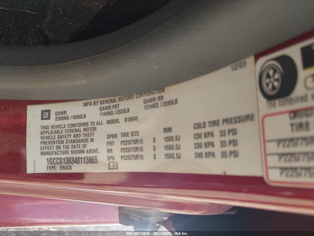 2004 Chevrolet Colorado Ls მანქანა იყიდება აუქციონზე, vin: 1GCCS136348113865, აუქციონის ნომერი: 46072628