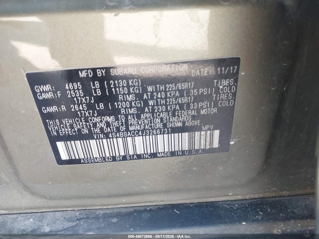 2018 Subaru Outback 2.5i Premium მანქანა იყიდება აუქციონზე, vin: 4S4BSACC4J3266731, აუქციონის ნომერი: 46072666