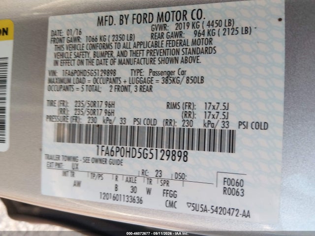 2016 Ford Fusion Se მანქანა იყიდება აუქციონზე, vin: 1FA6P0HD5G5129898, აუქციონის ნომერი: 46072677