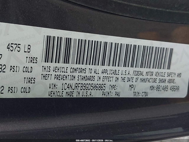2016 Jeep Patriot Latitude მანქანა იყიდება აუქციონზე, vin: 1C4NJRFB9GD506865, აუქციონის ნომერი: 46072682