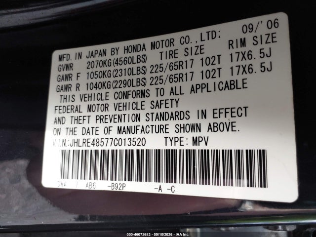 Aukcja sprzedaży 2007 Honda Cr-v Ex, vin: JHLRE48577C013520, numer aukcji: 46072683