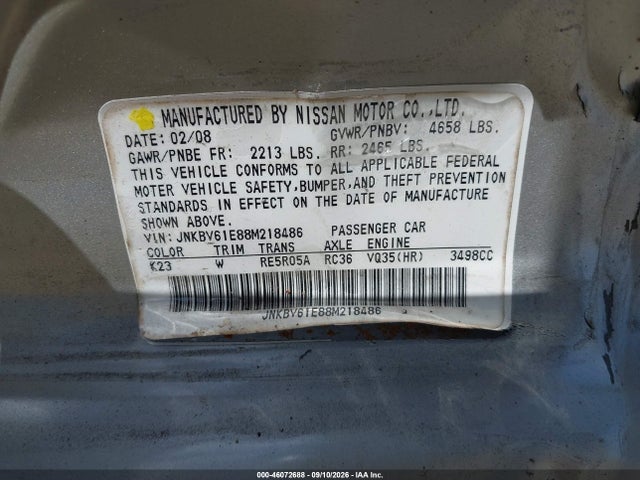 46072688 :رقم المزاد ، JNKBV61E88M218486 vin ، 2008 Infiniti G35 Journey مزاد بيع