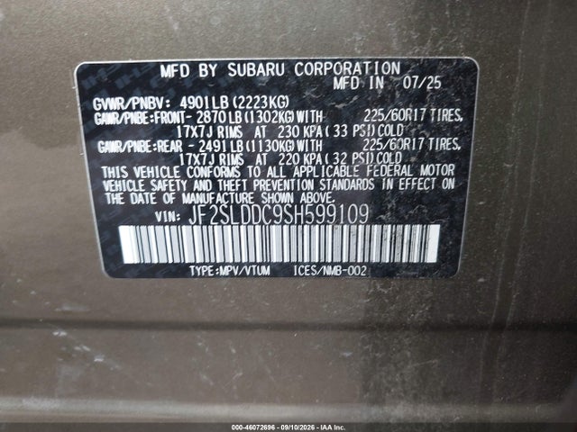 Auction sale of the 2025 Subaru Forester Premium, vin: JF2SLDDC9SH599109, lot number: 46072696