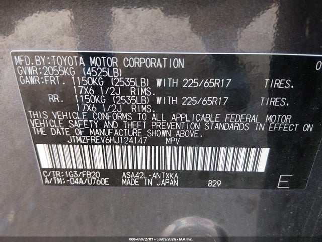 2017 Toyota Rav4 Le მანქანა იყიდება აუქციონზე, vin: JTMZFREV6HJ124147, აუქციონის ნომერი: 46072701