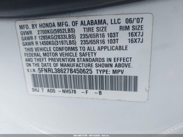 46072709 :رقم المزاد ، 5FNRL38627B450625 vin ، 2007 Honda Odyssey Ex-l مزاد بيع