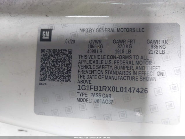 46072715 :رقم المزاد ، 1G1FB1RX0L0147426 vin ، 2020 Chevrolet Camaro Rwd  1lt مزاد بيع