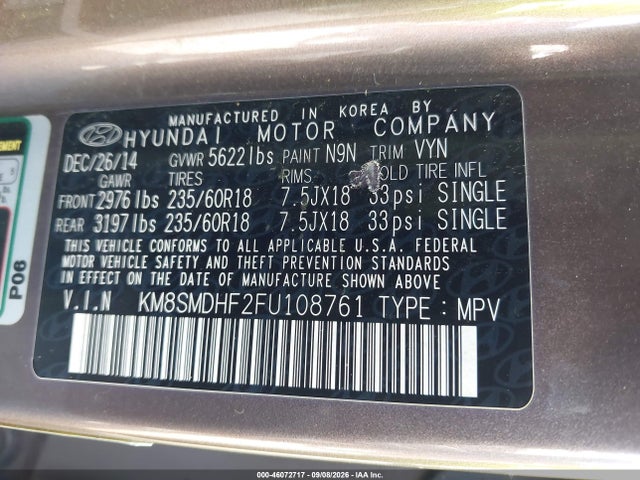 Продаж на аукціоні авто 2015 Hyundai Santa Fe Gls, vin: KM8SMDHF2FU108761, номер лоту: 46072717