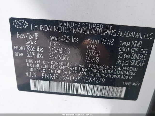 2019 Hyundai Santa Fe Sel Plus მანქანა იყიდება აუქციონზე, vin: 5NMS33AD5KH064279, აუქციონის ნომერი: 46072718