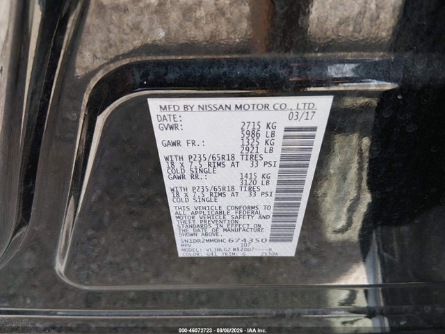 Продажа на аукционе авто 2017 Nissan Pathfinder Sl, vin: 5N1DR2MM0HC674350, номер лота: 46072723