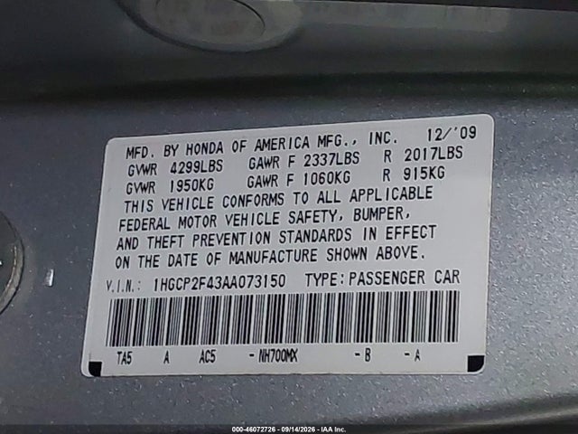 46072726 :رقم المزاد ، 1HGCP2F43AA073150 vin ، 2010 Honda Accord 2.4 Lx-p مزاد بيع