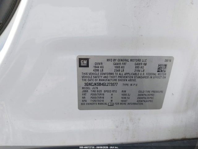 46072735 :رقم المزاد ، 3GNCJKSB4GL273077 vin ، 2016 Chevrolet Trax 1ls مزاد بيع