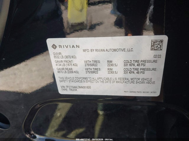 Aukcja sprzedaży 2022 Rivian R1t Launch Edition, vin: 7FCTGAAL3NN001820, numer aukcji: 46072742